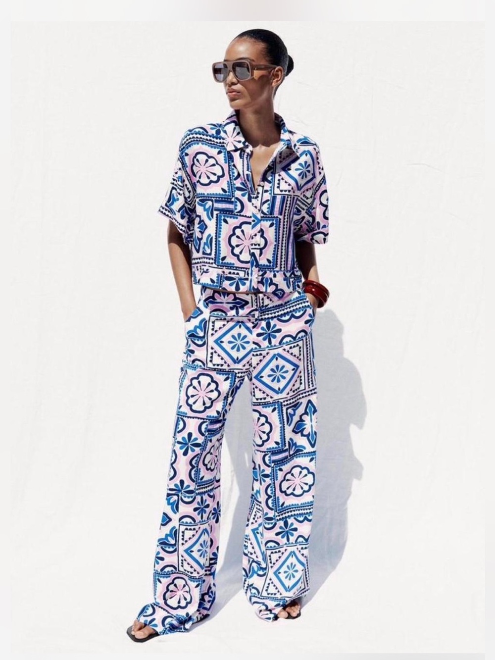 Zara White Blue and Pink printed wide leg palazzo pants NWT